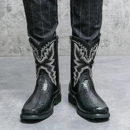Chaussures santiag pour homme Yehaw Hector en cuir noir, style élégant avec talon et détails de couture.