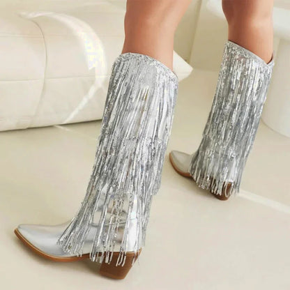 Santiags pour femme Yehaw Helene en argent, chaussures mode avec talon, vue de face sur fond blanc