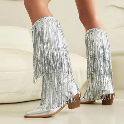 Chaussures santiags pour femme Yehaw Hélène en argent, élégantes et stylées, avec détails en cuir brillant.
