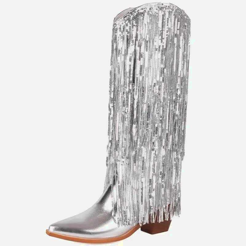 Santiags pour femme Yehaw Hélène en argent, chaussures élégantes en cuir avec détails stylés, vue de face.