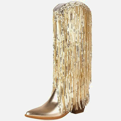 Santiag pour femme Yehaw Hélène en cuir or, chaussures élégantes avec talon et finition soignée.