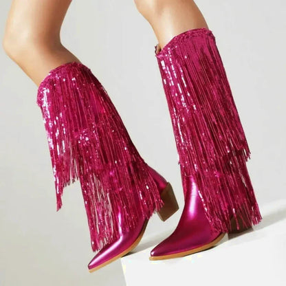 Santiags pour femme Yehaw Helene en rose rouge, chaussure élégante avec détails en cuir et talon moyen.