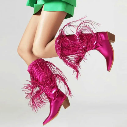 Chaussures santiags pour femme Yehaw Hélène en rose rouge, mode élégante et moderne, vue en gros plan sur la paire.