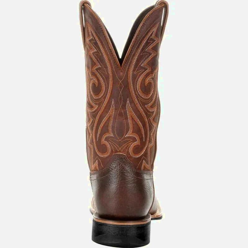 Chaussures santiags pour homme Yehaw Santiag Marron, en cuir, avec détail de broderie et talon robuste, vue de profil.
