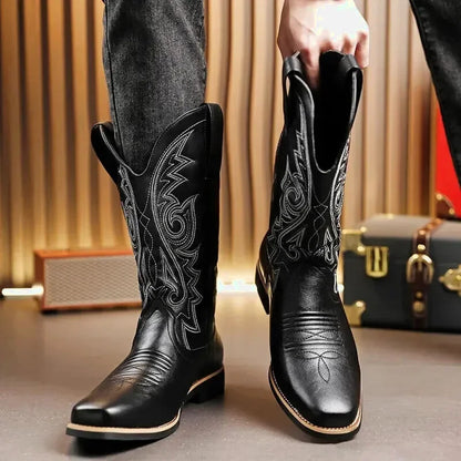 Chaussures Santiag pour homme Yehaw JED en cuir noir, modèle Yehaw, vue en gros plan sur le dessus et le talon.