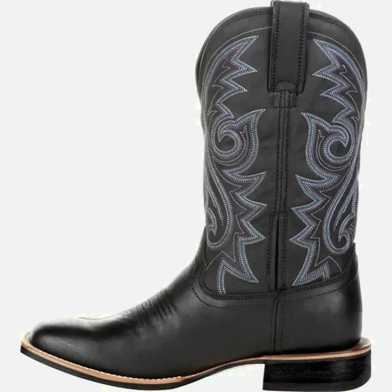 Chaussures Santiag noires pour homme Yehaw JED Santiag, devant et détails en gros plan.