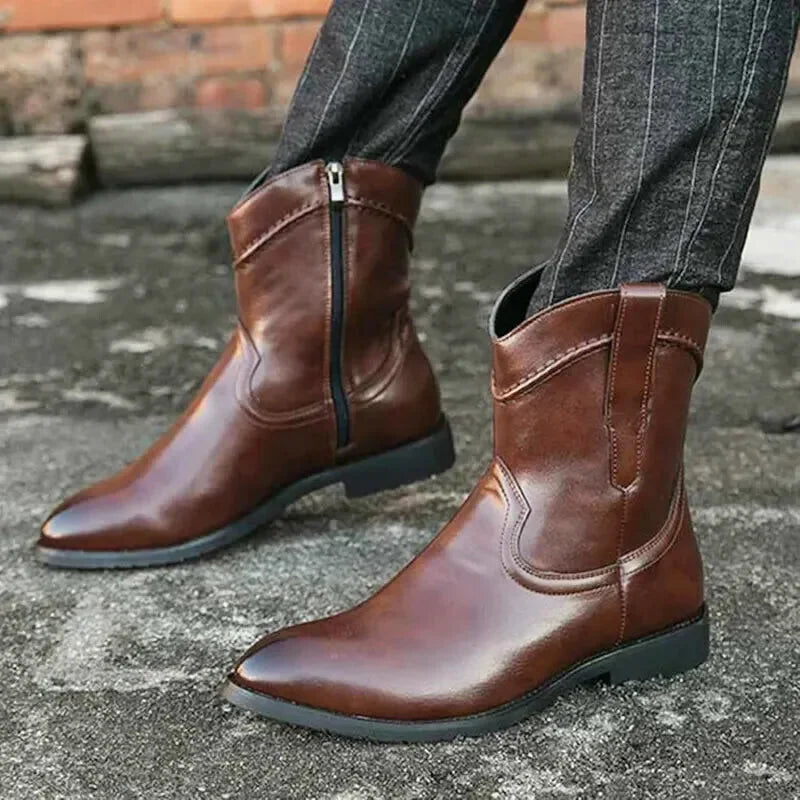 Chaussures santiags pour homme Yehaw, modèle Jimmy Santiag marron, en cuir avec détails élégants, vue de face.