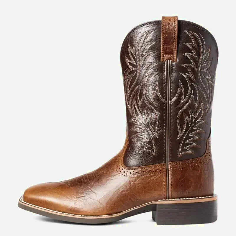 Santiags pour homme Yehaw Johnny en marron, chaussures en cuir avec détails de style cowboy, taille 38, vues de face et côté