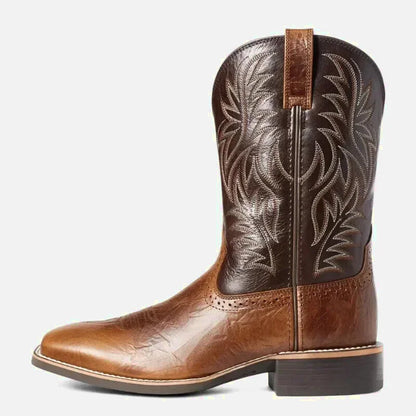 Santiags pour homme Yehaw Johnny en marron, chaussures en cuir avec détails de style cowboy, taille 38, vues de face et côté