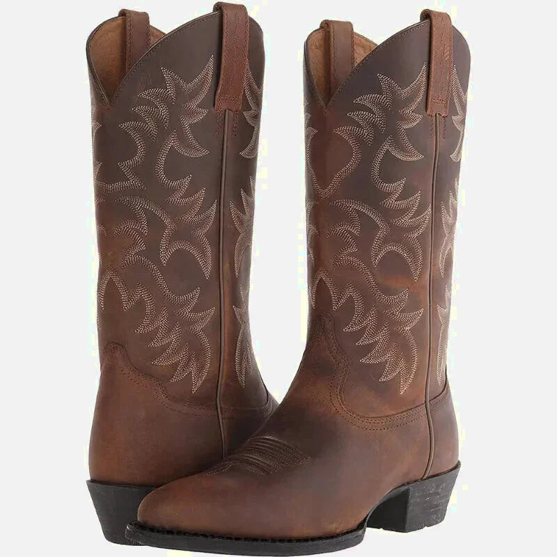 Chaussures santiags pour homme Yehaw en marron, mode western avec détails en cuir, vues de profil.