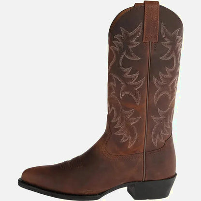Bottes santiags pour homme Yehaw, modèle Levi Santiag, en cuir marron, avec détails traditionnels, vue de face.