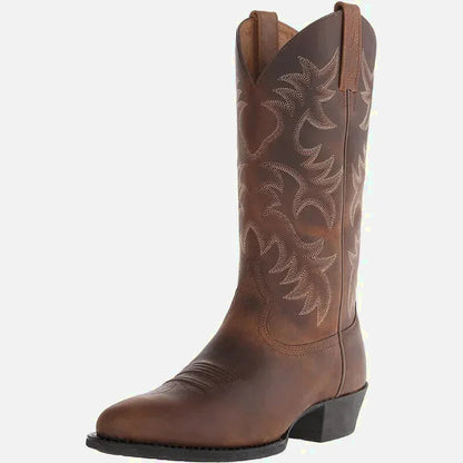 Chaussures santiags pour homme Yehaw, modèle Santiag Marron, en cuir, avec détails de style cowboy, vue de face.