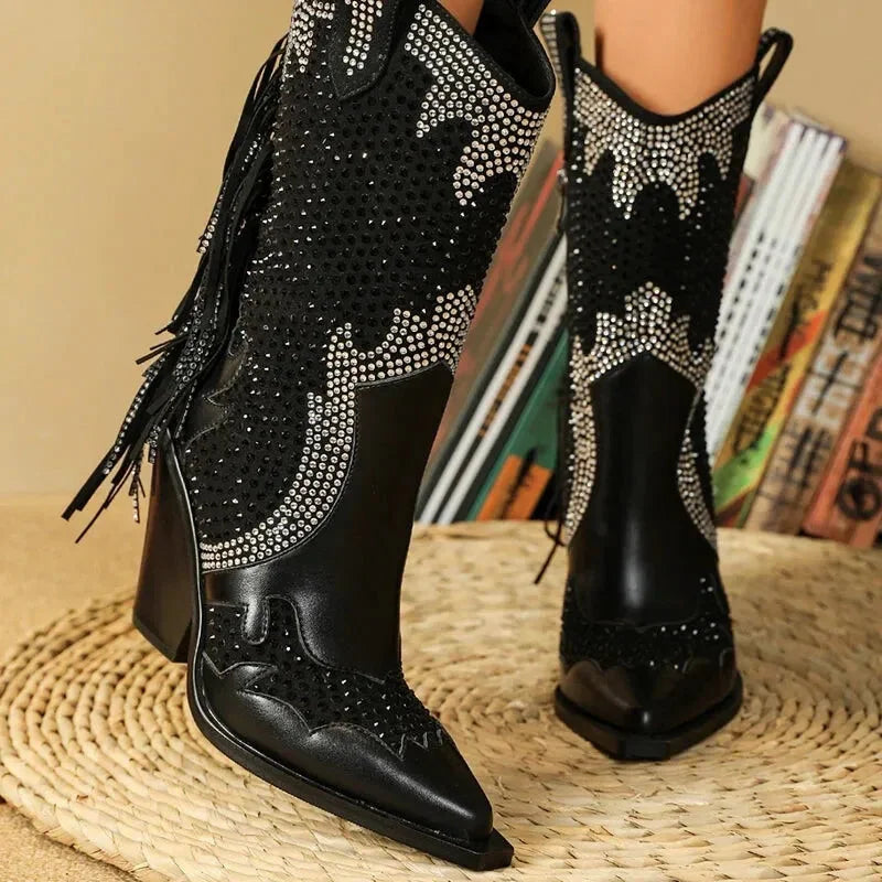 Santiags pour femme Yehaw Nellie en cuir noir, chaussures élégantes avec détails sophistiqués, pointure 37.
