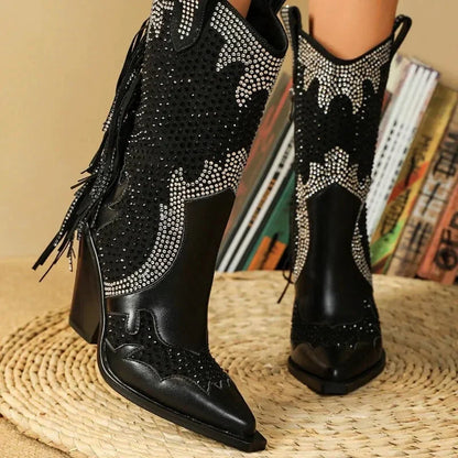Santiags pour femme Yehaw Nellie en cuir noir, chaussures élégantes avec détails sophistiqués, pointure 37.