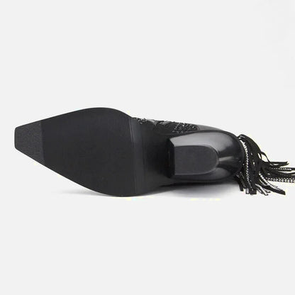 Bottes Santiag pour femme Yehaw Nellie en cuir noir, avec talon et détails élégants, vue de profil.