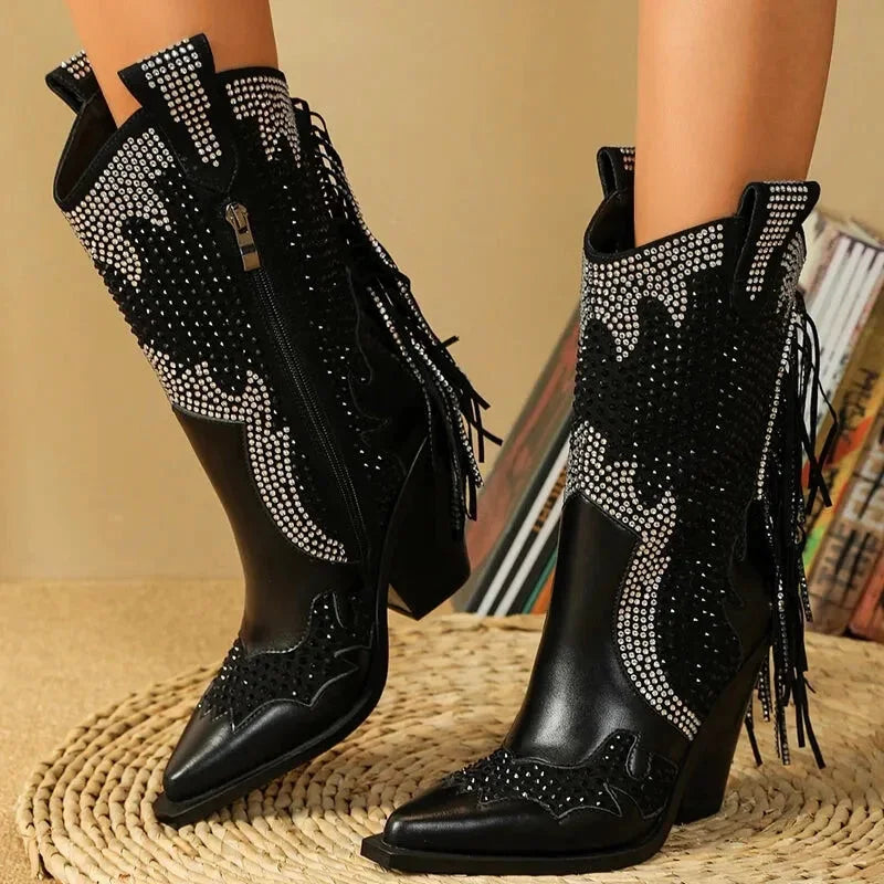 Bottines santiags pour femme Yehaw NELLIE en cuir noir, style élégant et confortable, pointure 37.