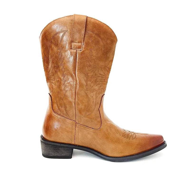 Chaussures homme Yehaw Santiag marron avec détails en cuir, style cowboy, vue de face sur fond neutre.