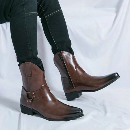 Chaussures santiags pour homme Yehaw REMINGTON en marron, en cuir avec détails brodés et semelle en cuir, style western élégant.