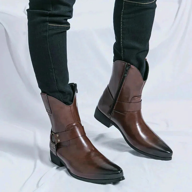 Santiags pour homme Yehaw REMINGTON marron avec détails en cuir, semelle en caoutchouc, style western élégant.