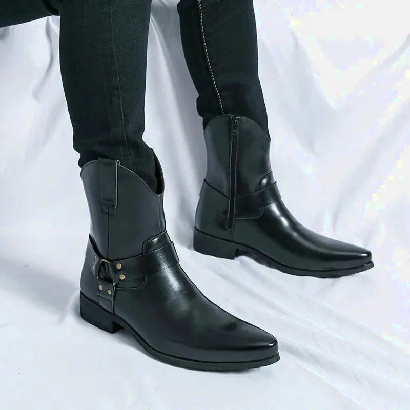 Bottes santiags pour homme Yehaw Noir, style yehaw, en cuir, avec talon et détails décoratifs, vue de face