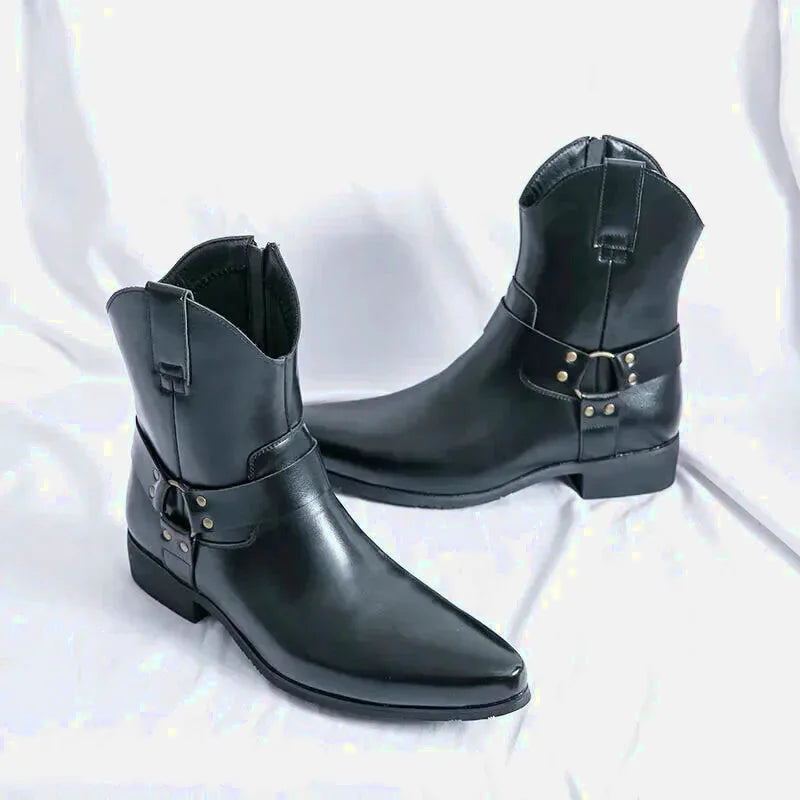 Chaussures santiag pour homme Yehaw Remington en cuir noir, style élégant et moderne, vue de face.