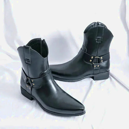 Chaussures santiag pour homme Yehaw Remington en cuir noir, style élégant et moderne, vue de face.