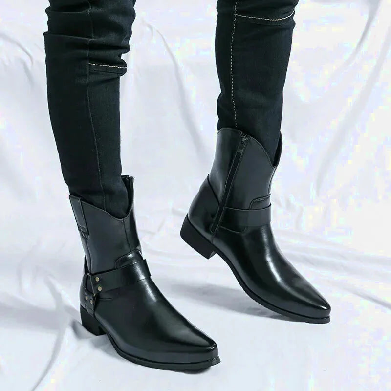 Bottes santiags pour homme Yehaw noir, en cuir, avec détails en métal et semelle robuste, style western élégant.