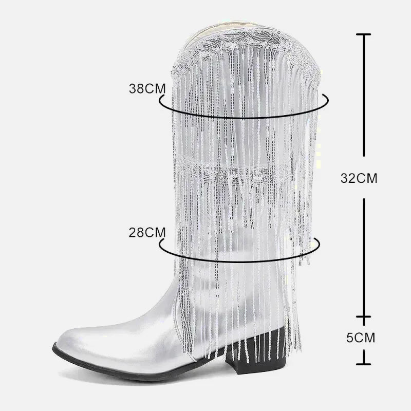 Chaussures santiag pour femme Yehaw Tammie en argent, style élégant avec détails en cuir brillant.