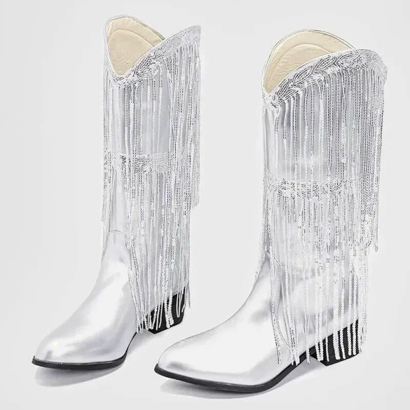 Chaussures santiags pour femme Yehaw Tammie en argent, détails en cuir et style western élégant.