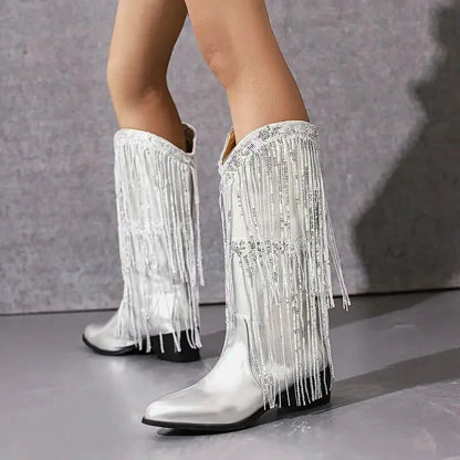 Escarpins pour femme TAMMIE Santiag Yehaw en argent, chaussures élégantes en cuir avec talon moyen.