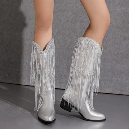 Chaussures santiag pour femme Yehaw Tammie en argent, vue de côté, avec détails élégants et semelle en cuir.