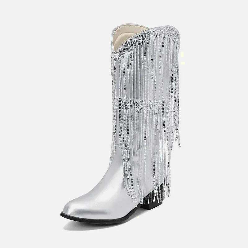 Bottes santiags pour femme Yehaw Tammie en argent, avec détails en cuir et semelle robuste, vue de face.