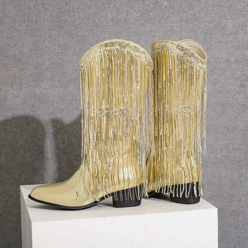 Chaussures santiag pour femme Yehaw Tammie en cuir or avec détails élégants, parfaites pour un style tendance.