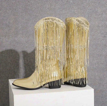 Chaussures santiag pour femme Yehaw Tammie en cuir or avec détails élégants, parfaites pour un style tendance.