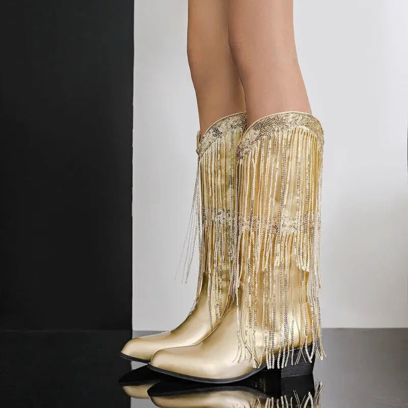 Chaussures santiags pour femme Yehaw Tammie en cuir or avec talon, style élégant et tendance, vue de face.