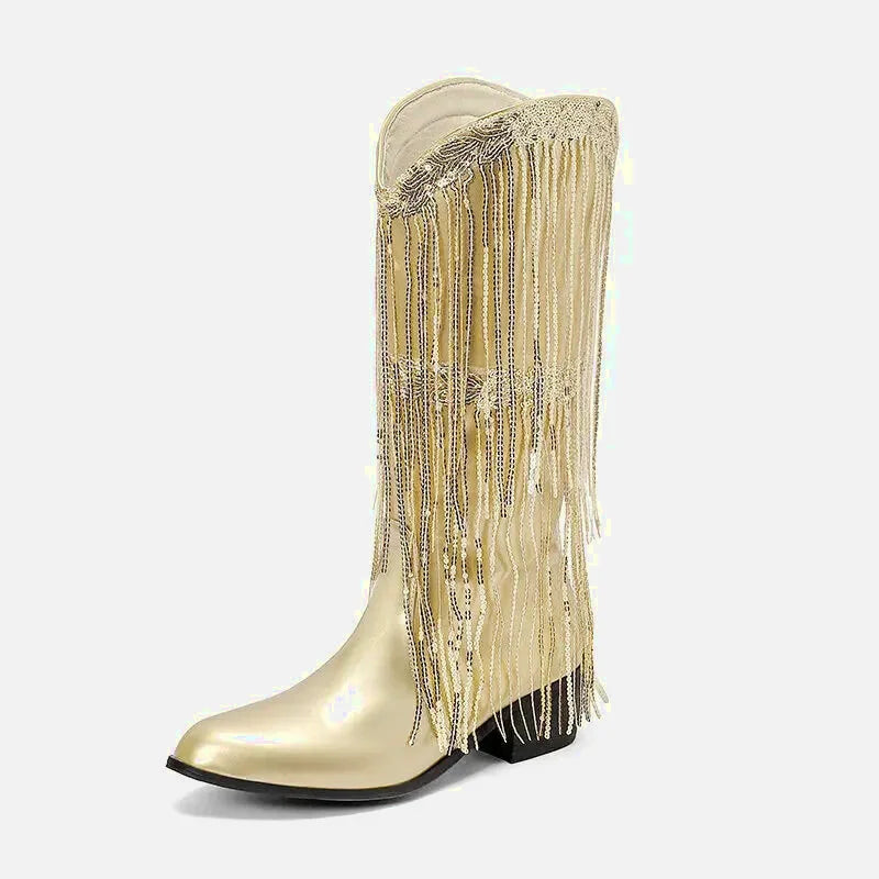 Bottes santiag pour femme Yehaw Tammie en cuir or avec talon, style élégant et sophistiqué, vue de face sur fond blanc