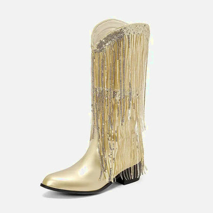 Bottes santiag pour femme Yehaw Tammie en cuir or avec talon, style élégant et sophistiqué, vue de face sur fond blanc