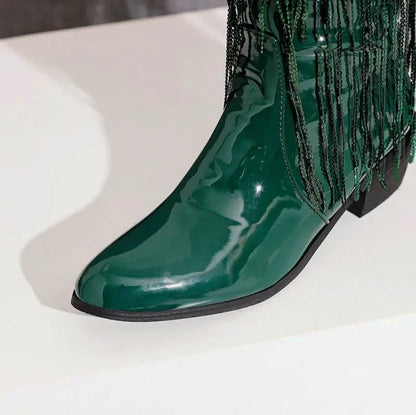 Chaussures santiag pour femme TAMMIE de Yehaw en vert, vue de côté, avec détails en cuir et semelle solide.