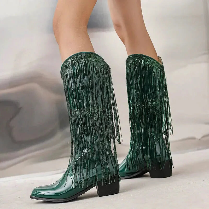 TAMMIE santiags pour femme Yehaw en vert, chaussures en cuir avec talon moyen et détails stylés, mode et élégance.