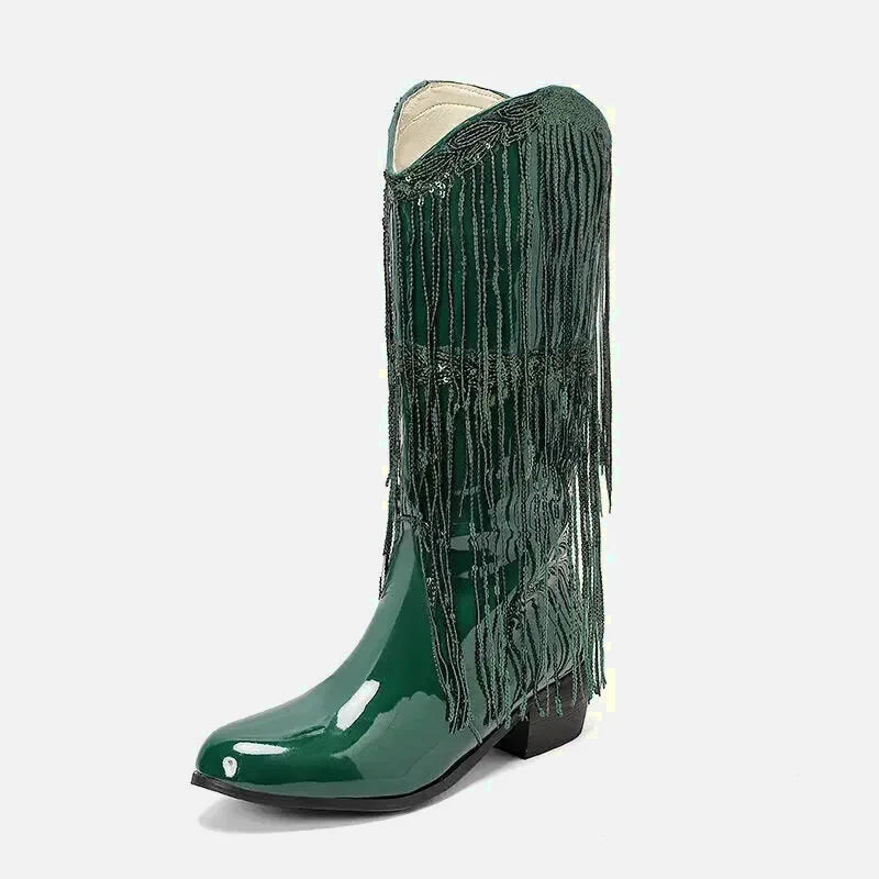 Chaussures santiags pour femme Yehaw Tammie en vert, vue de profil avec détails de la botte en cuir.