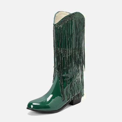 Chaussures santiags pour femme Yehaw Tammie en vert, vue de profil avec détails de la botte en cuir.