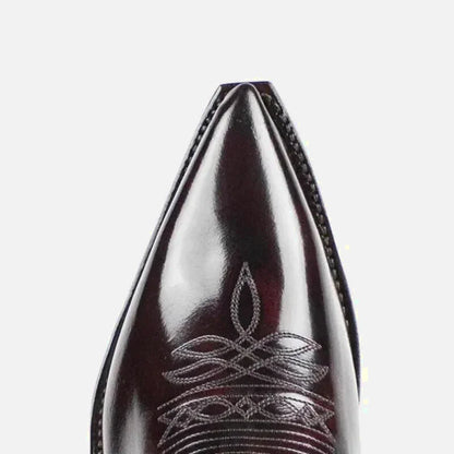 Chaussures teddy santiag pour homme Yehaw en cuir marron foncé, style élégant et sophistiqué, vue de face sur fond blanc.