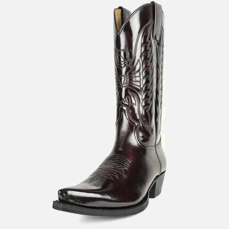 Teddy santiag pour homme Yehaw en cuir marron foncé, chaussures élégantes et confortables, vue de profil.