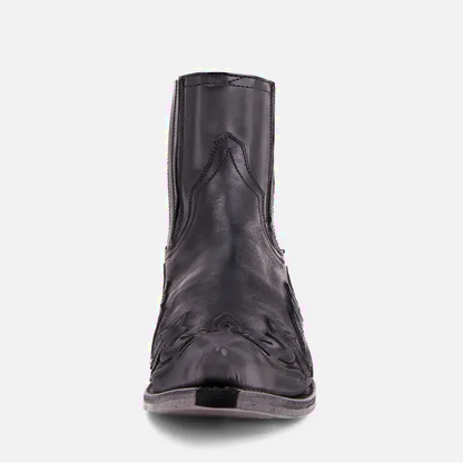 Chaussures santiag pour homme Yehaw Tommy en cuir noir, style élégant et moderne, vue de côté.