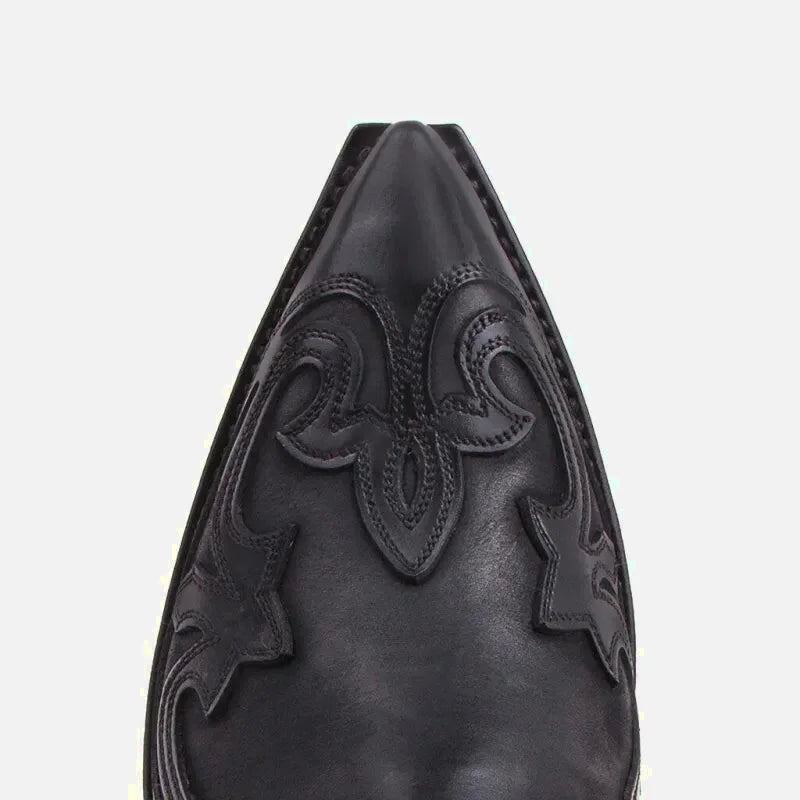 Chaussures santiags pour homme Yehaw, modèle Santiag Yehaw en cuir noir, style élégant et classique, vue de face.